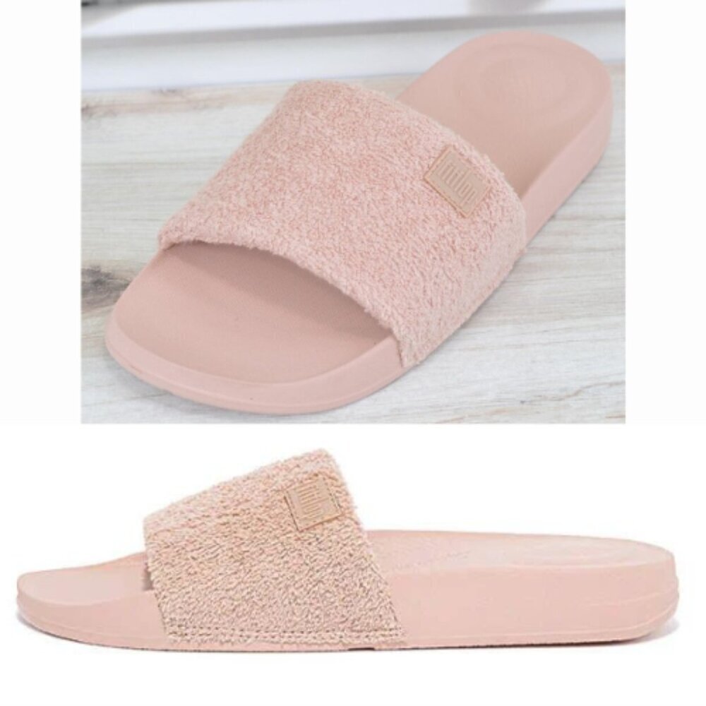 New! FitFlop Womens Iqushion Towelling Slides Beige Size 6